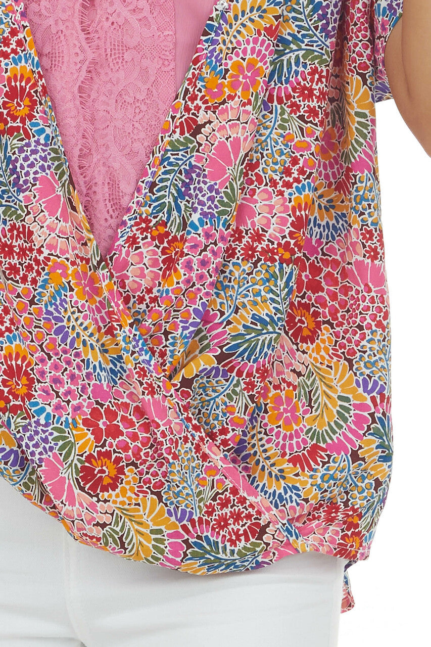 Watermelon Floral Print Surplice Blouse 