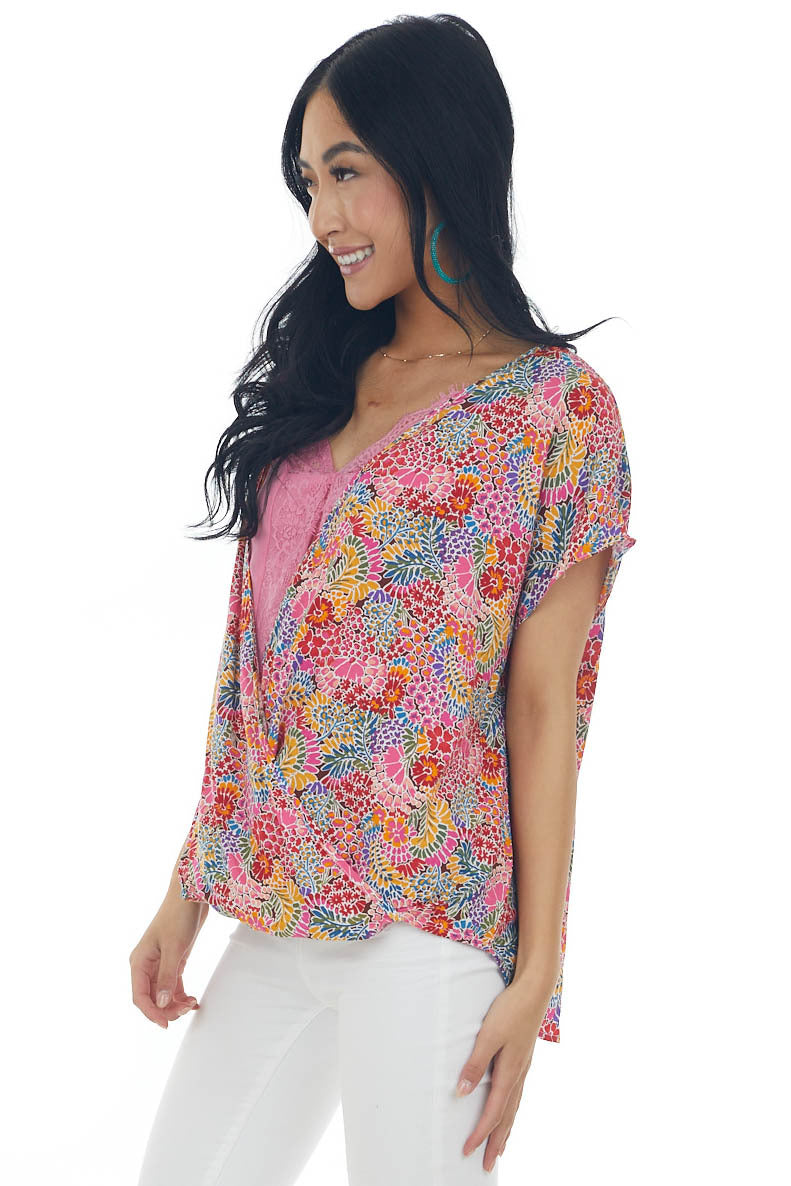 Watermelon Floral Print Surplice Blouse 
