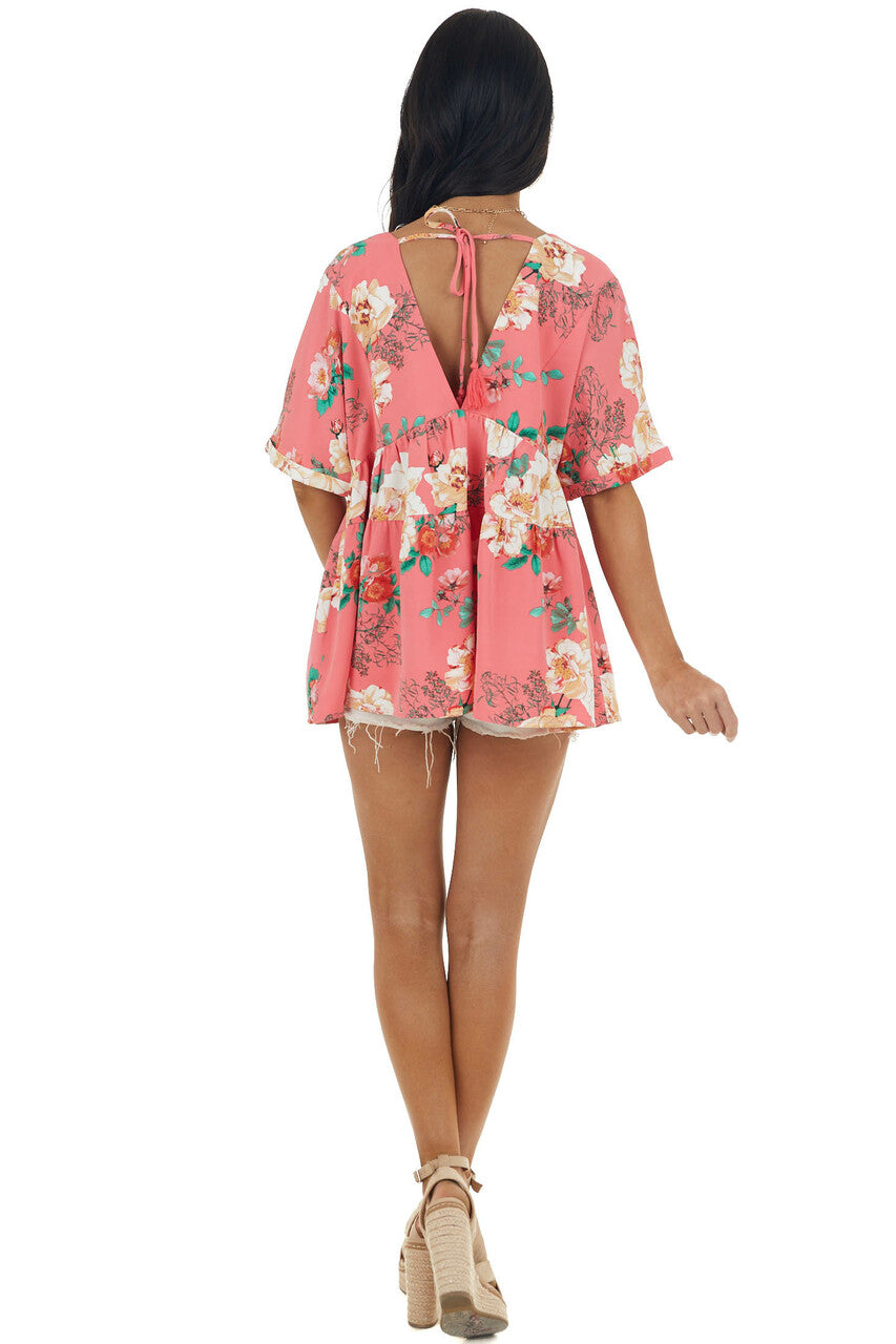 Watermelon Floral Print V Neck Babydoll Top