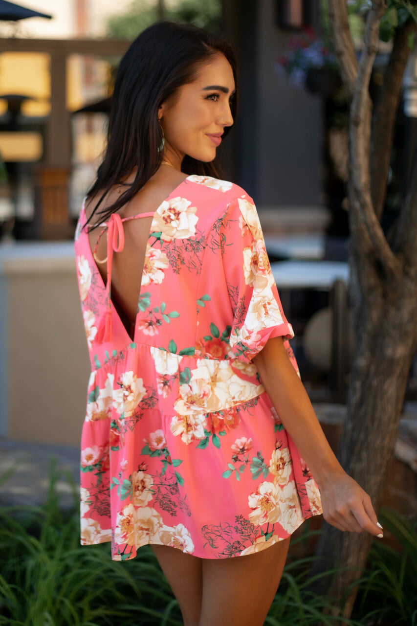 Watermelon Floral Print V Neck Babydoll Top