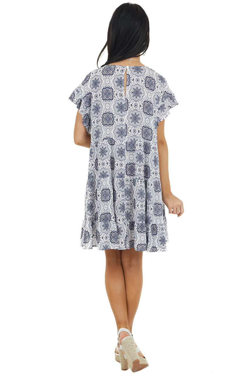 White and Navy Abstract Print Babydoll Dress with Ruffles 