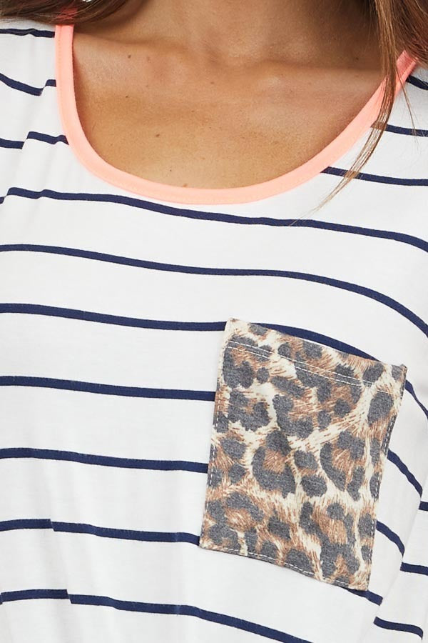 White and Navy Striped Tank Top with Leopard Print Pocket