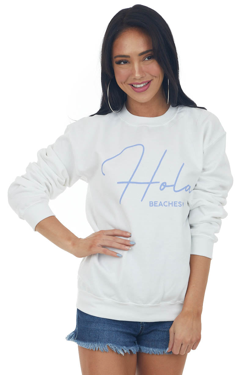 White and Periwinkle 'Hola Beaches' Sweatshirt