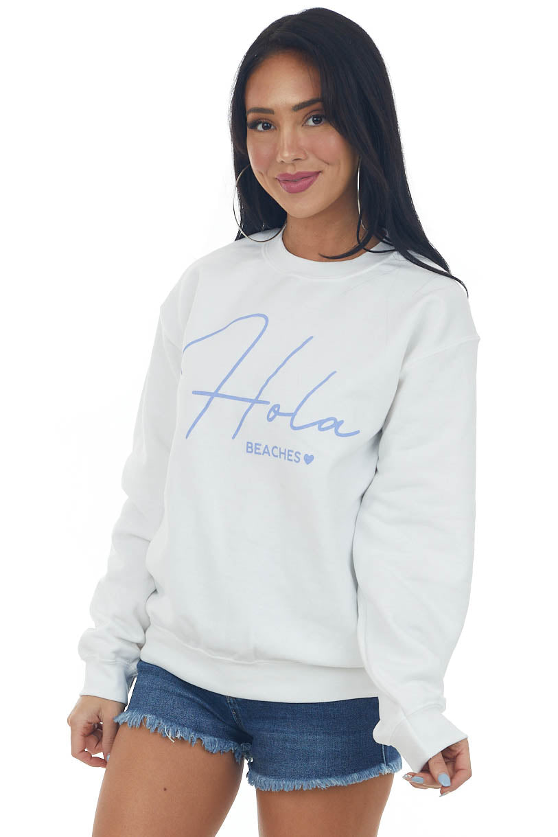 White and Periwinkle 'Hola Beaches' Sweatshirt