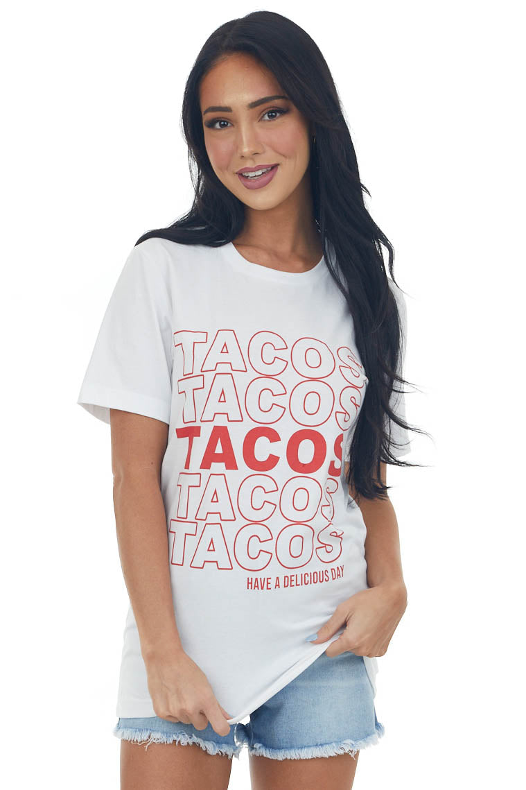 White and Red 'Tacos" Short Sleeve Graphic Tee