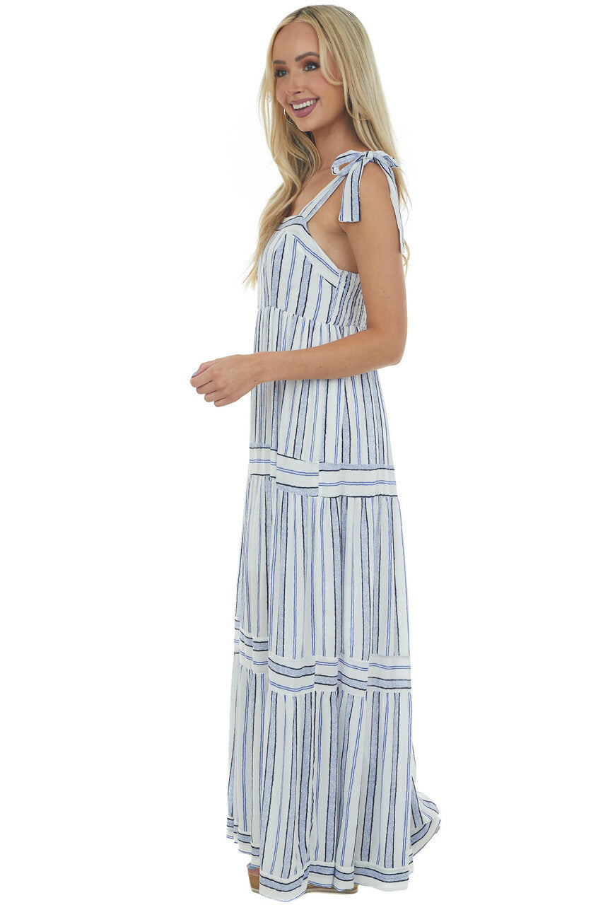 White and Royal Blue Striped Tiered Maxi Dress 