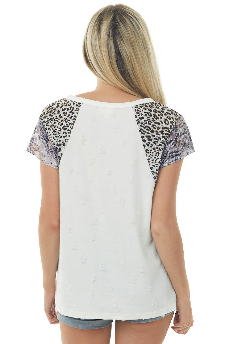 White Distressed Animal Print Sleeve Top