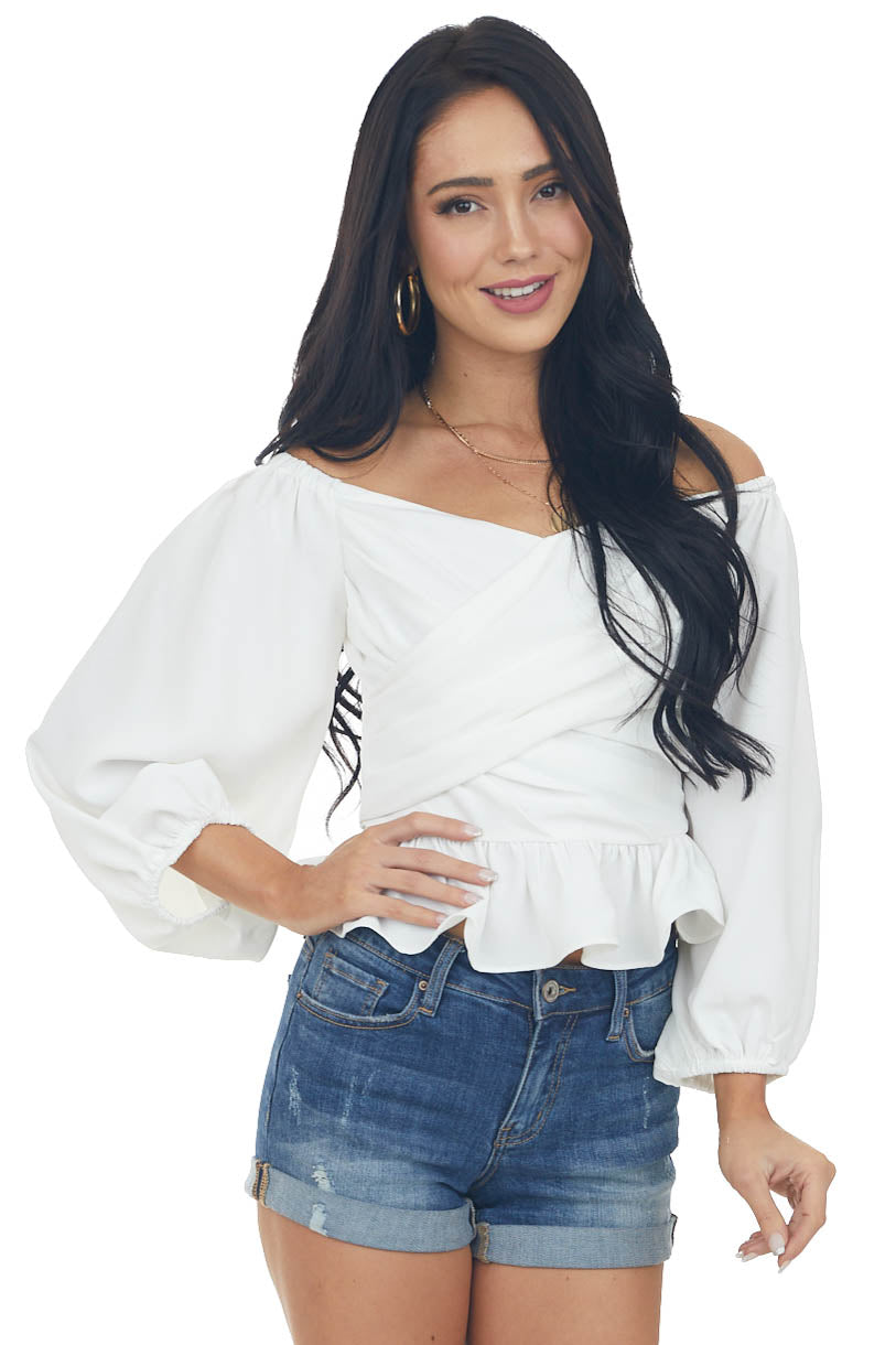 White Draped Criss Cross Cropped Peplum Blouse