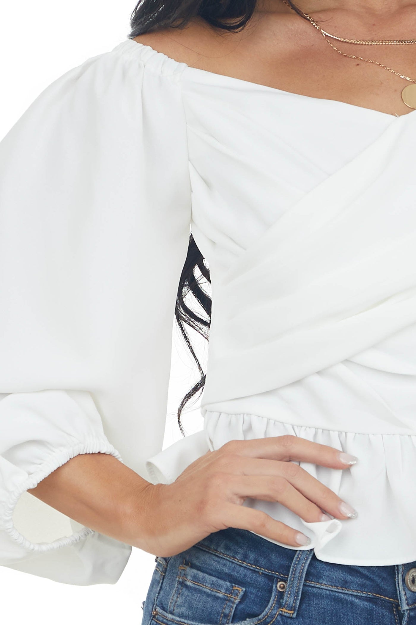 White Draped Criss Cross Cropped Peplum Blouse