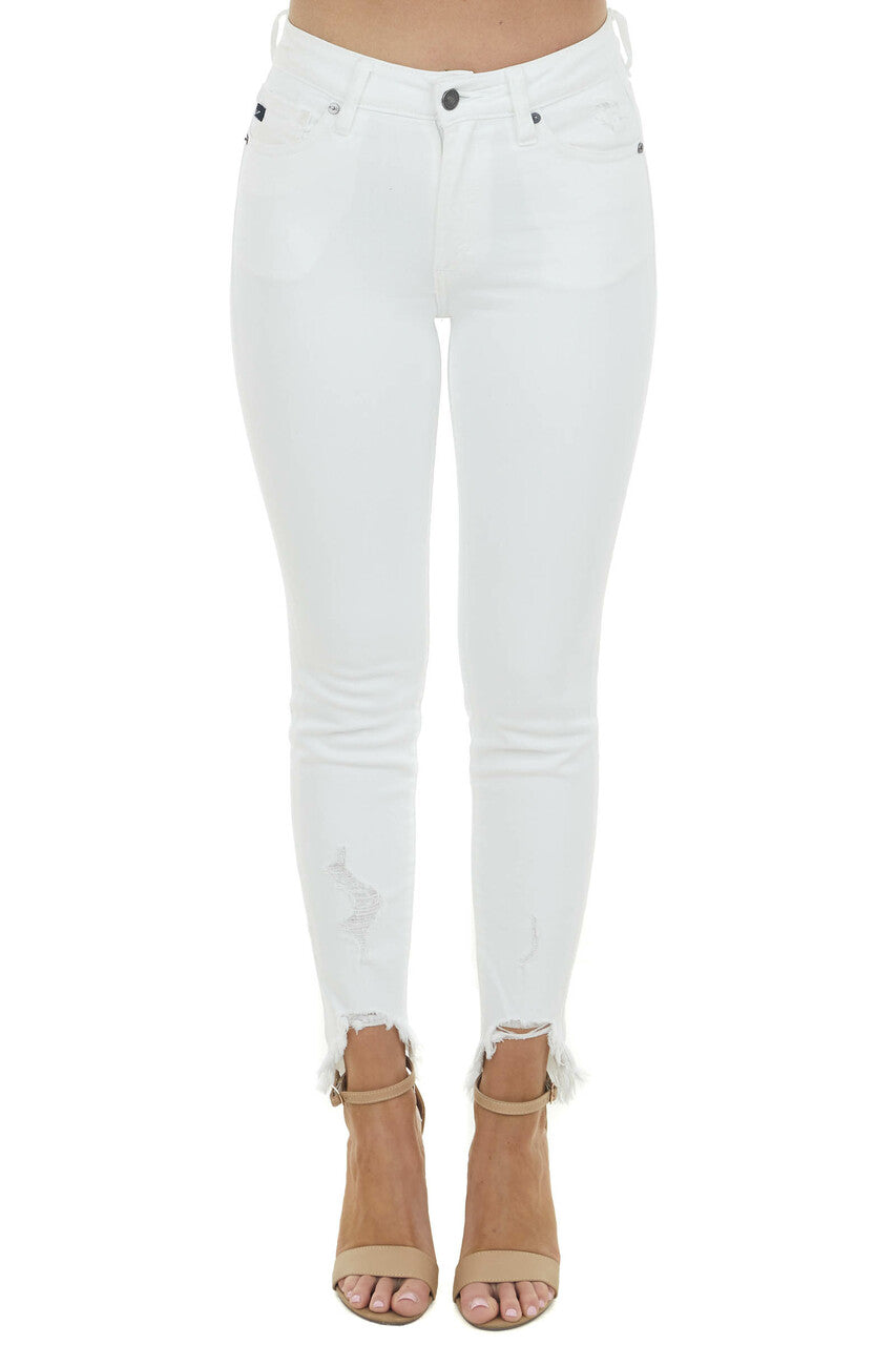 White High Rise Shark Bite Hem Skinny Jeans