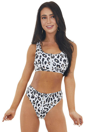 White Leopard Print Zip Up High Leg Bikini with Mesh Sides