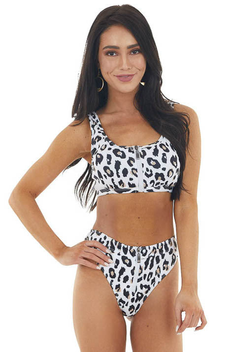 White Leopard Print Zip Up High Leg Bikini with Mesh Sides
