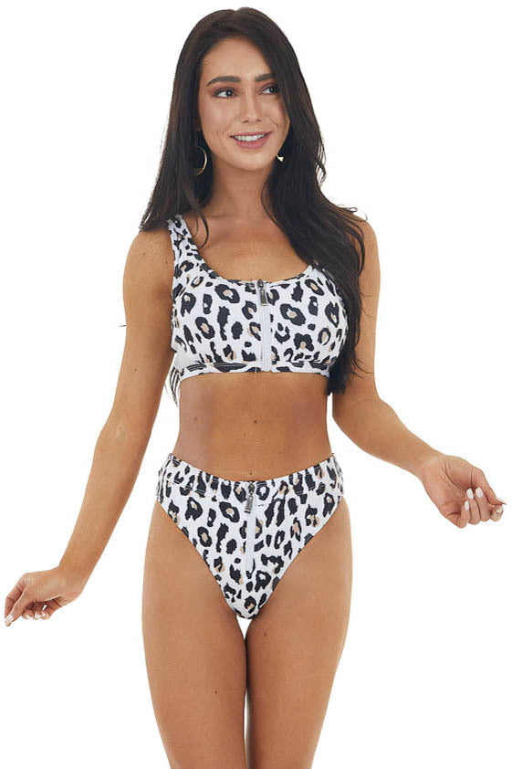 White Leopard Print Zip Up High Leg Bikini with Mesh Sides