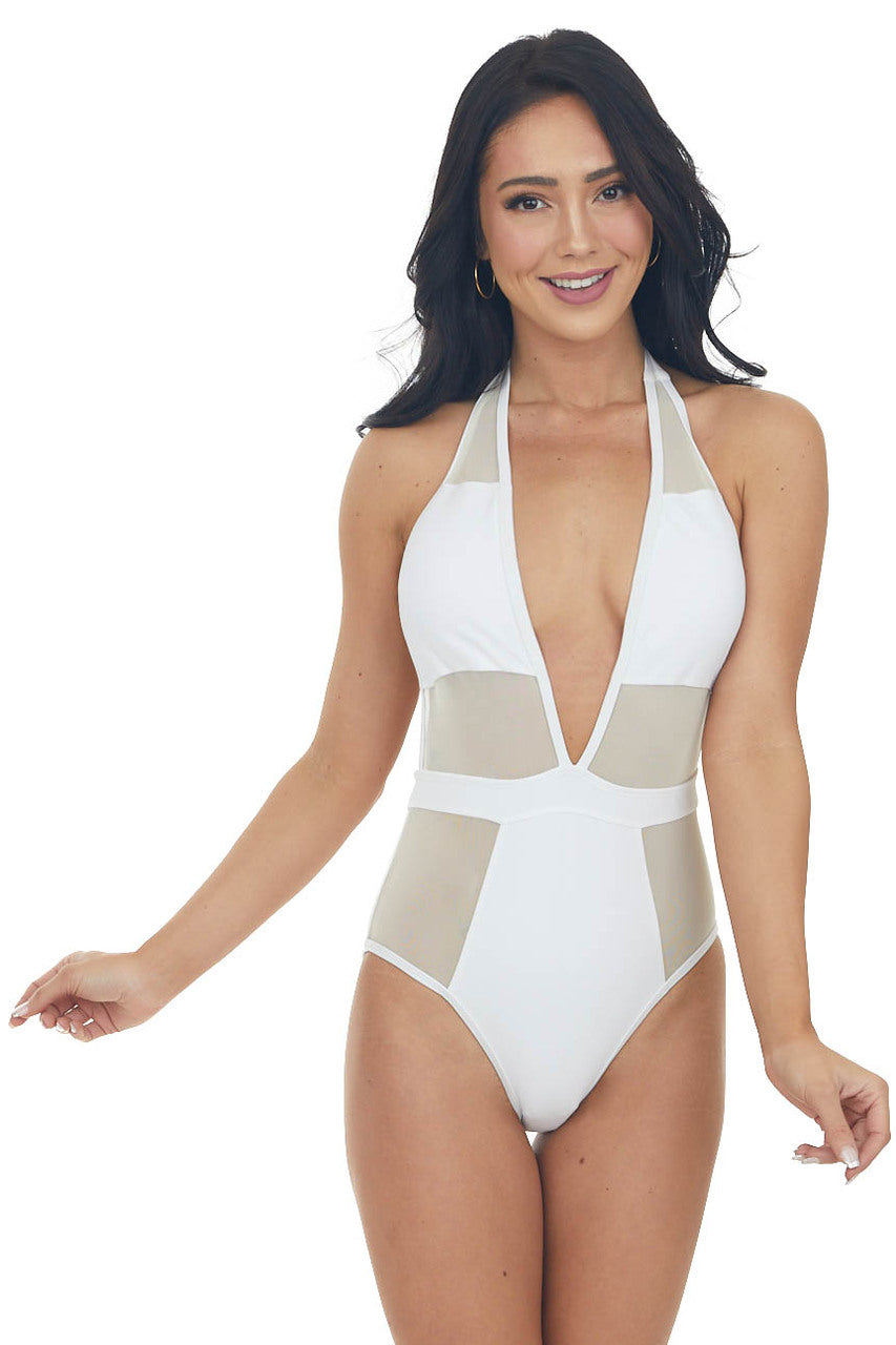White Mesh Plunging Halter Neck Swimsuit
