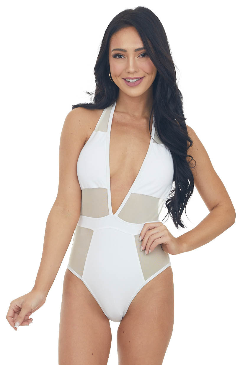 White Mesh Plunging Halter Neck Swimsuit