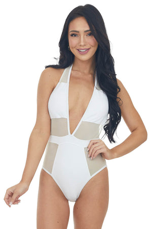White Mesh Plunging Halter Neck Swimsuit