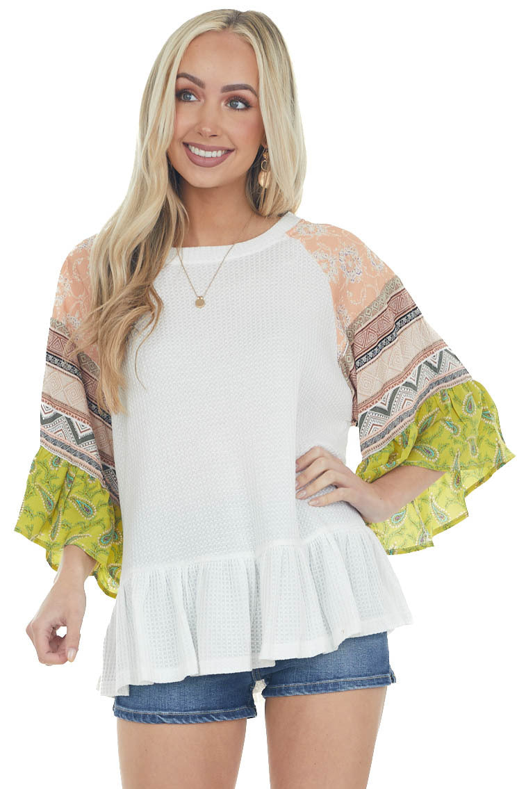 White Multiprint Ruffled Hem Waffle Knit Top