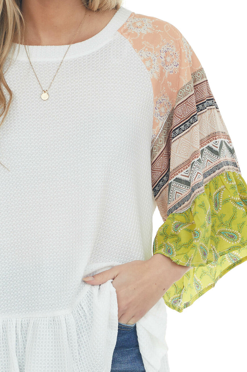 White Multiprint Ruffled Hem Waffle Knit Top
