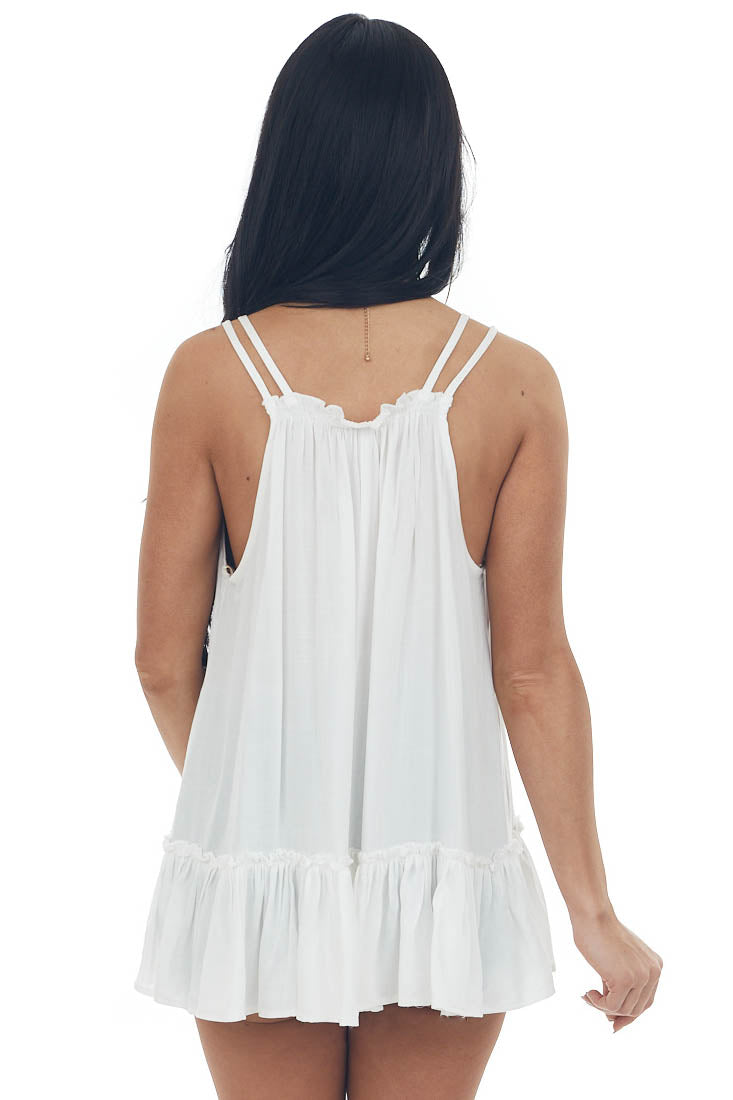 White Ruffle Hem Double Strap V Neck Tank Top