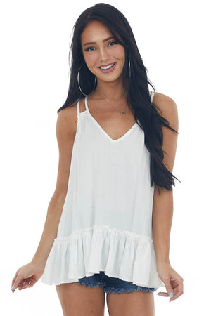 White Ruffle Hem Double Strap V Neck Tank Top