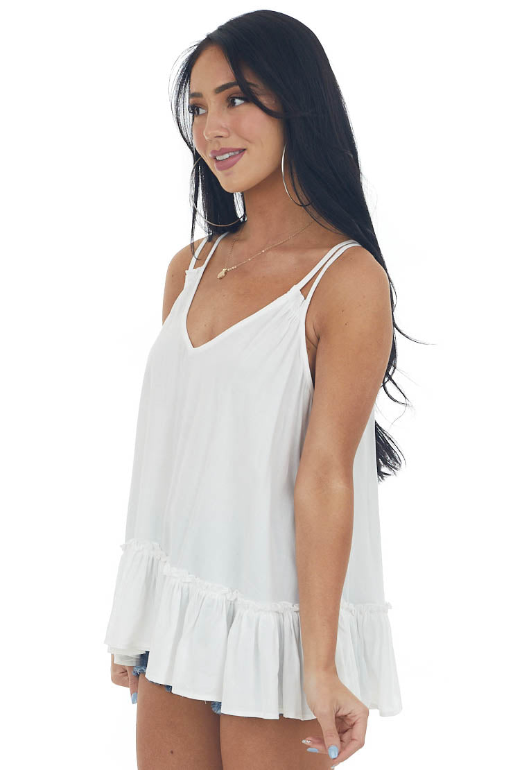White Ruffle Hem Double Strap V Neck Tank Top