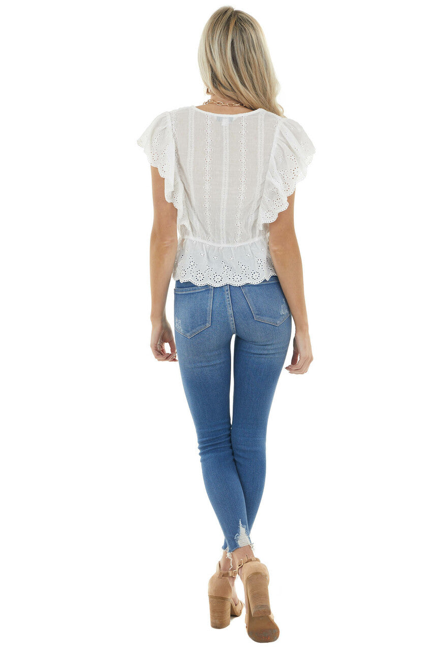 White Short Sleeve Top with Buttons and Floral Eyelet Lace