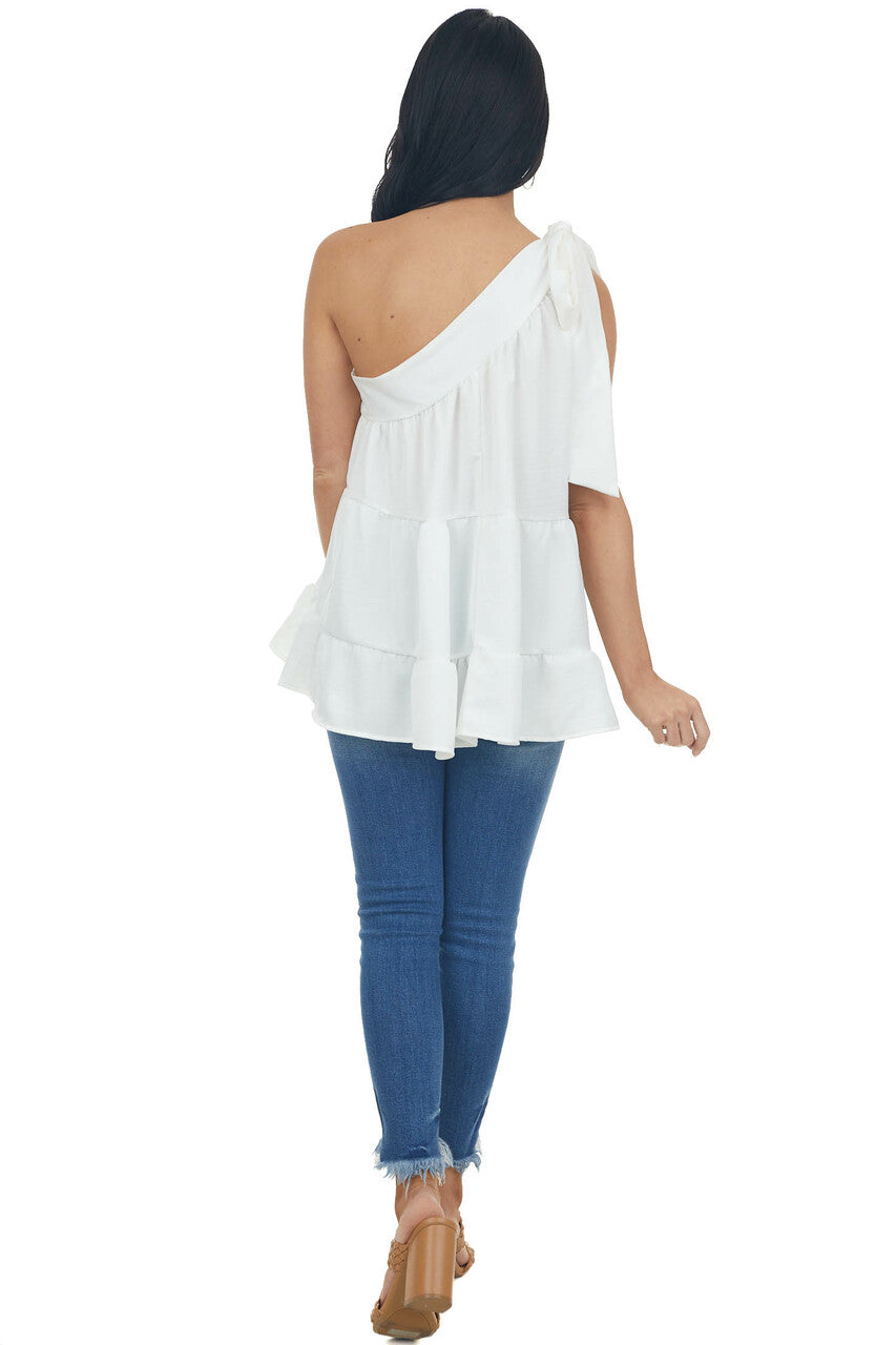 White Silky One Shoulder Tied Strap Tiered Top