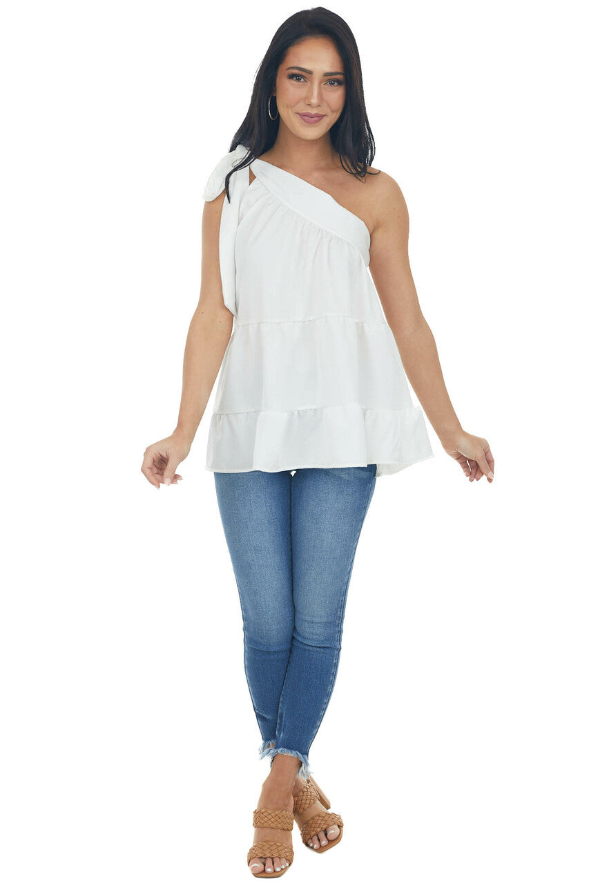 White Silky One Shoulder Tied Strap Tiered Top