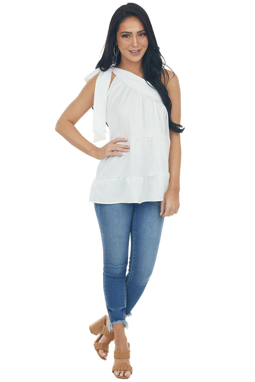 White Silky One Shoulder Tied Strap Tiered Top