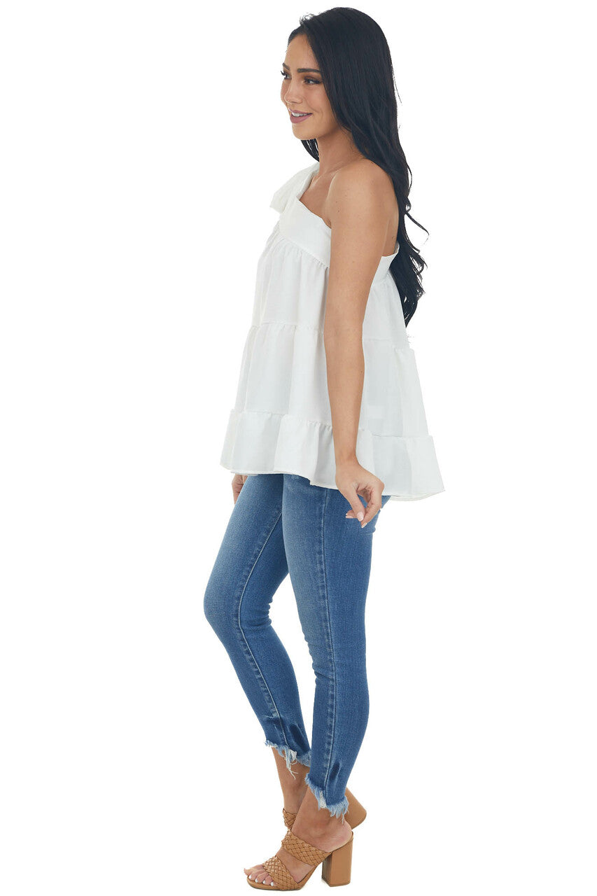 White Silky One Shoulder Tied Strap Tiered Top