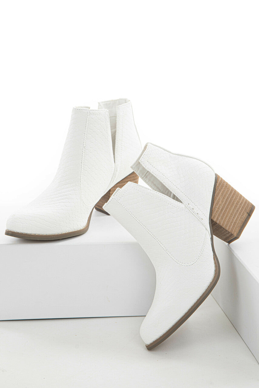 White Snakeskin and Faux Suede Heeled Bootie