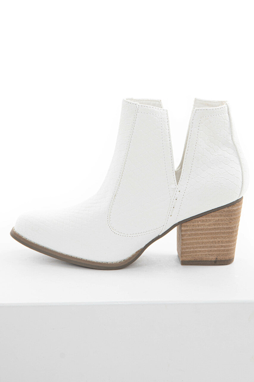 White Snakeskin and Faux Suede Heeled Bootie