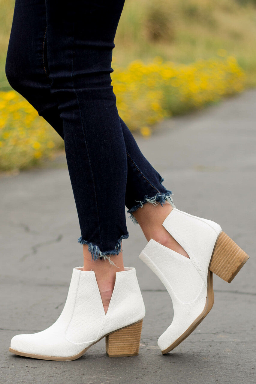 White Snakeskin and Faux Suede Heeled Bootie
