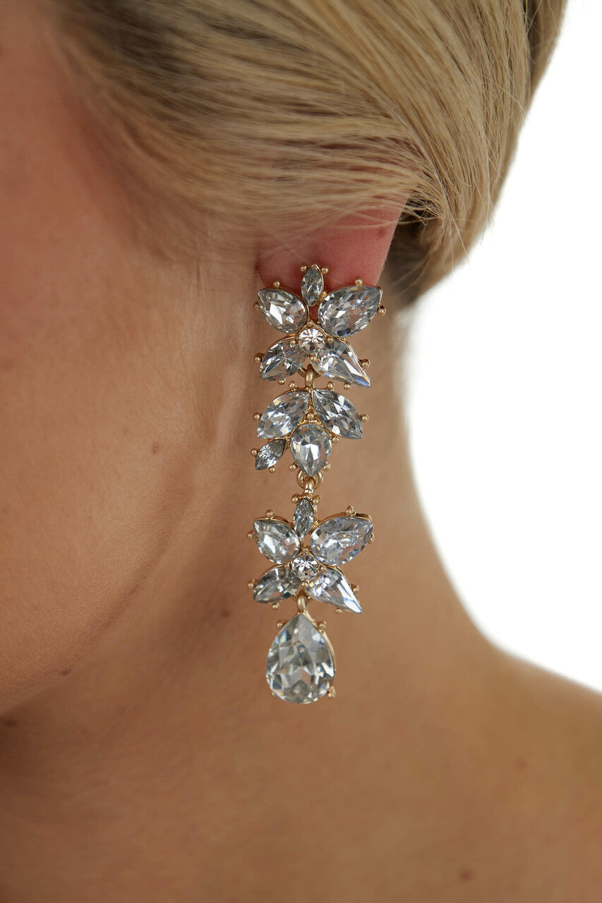 White Tiered Floral Rhinestone Earrings 