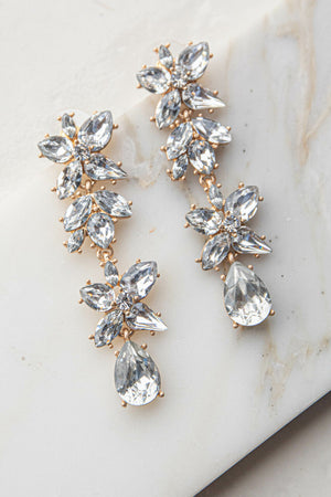 White Tiered Floral Rhinestone Earrings 