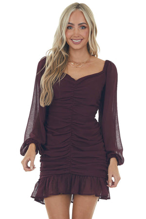 Wine Bubble Sleeve Ruched Mini Dress
