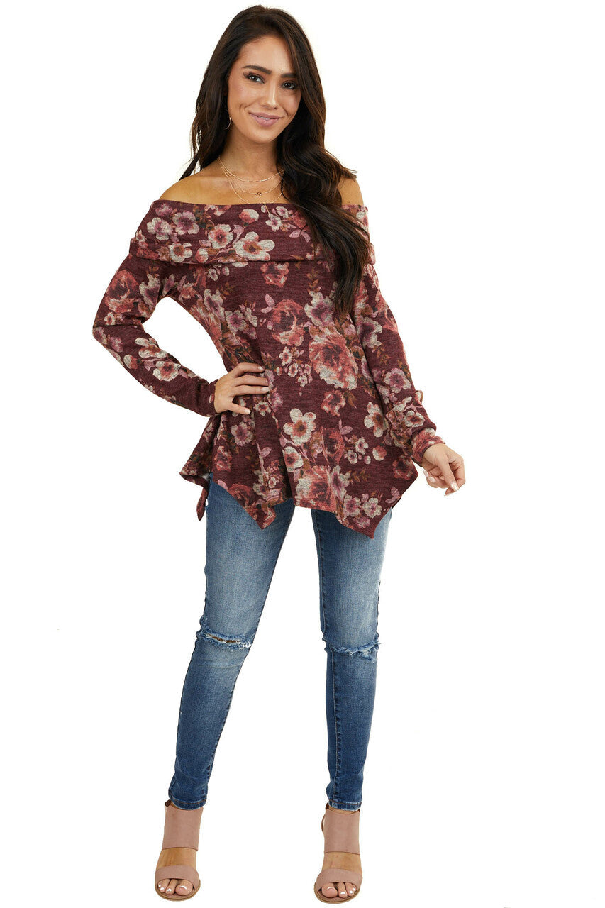Wine Floral Print Long Sleeve Top with Folded Off Shoulder 