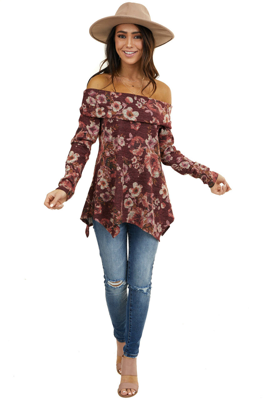 Wine Floral Print Long Sleeve Top with Folded Off Shoulder 