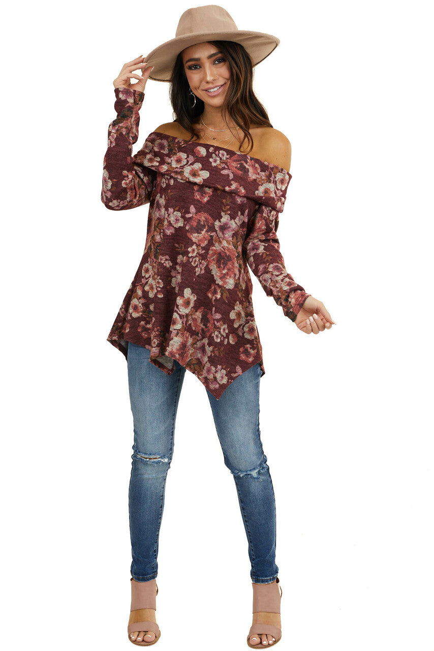 Wine Floral Print Long Sleeve Top with Folded Off Shoulder 