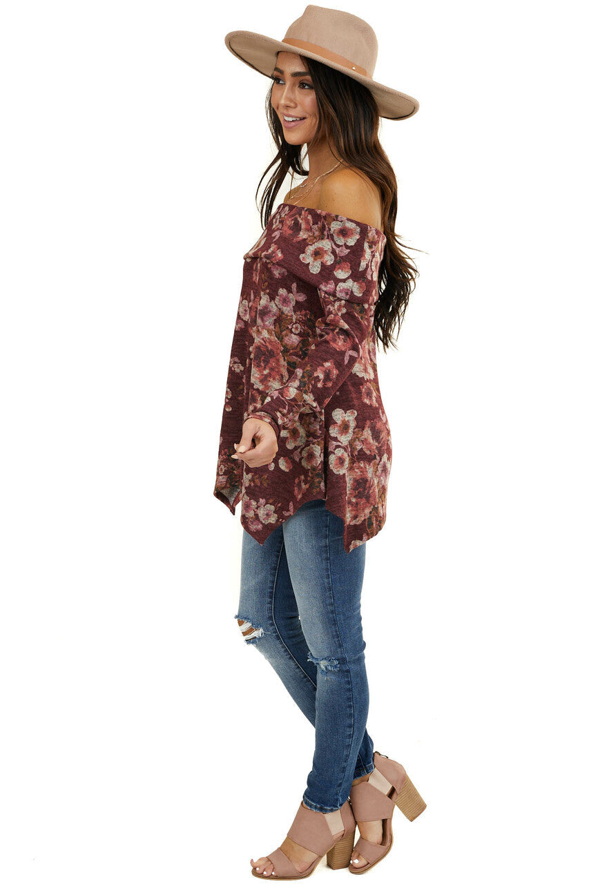 Wine Floral Print Long Sleeve Top with Folded Off Shoulder 