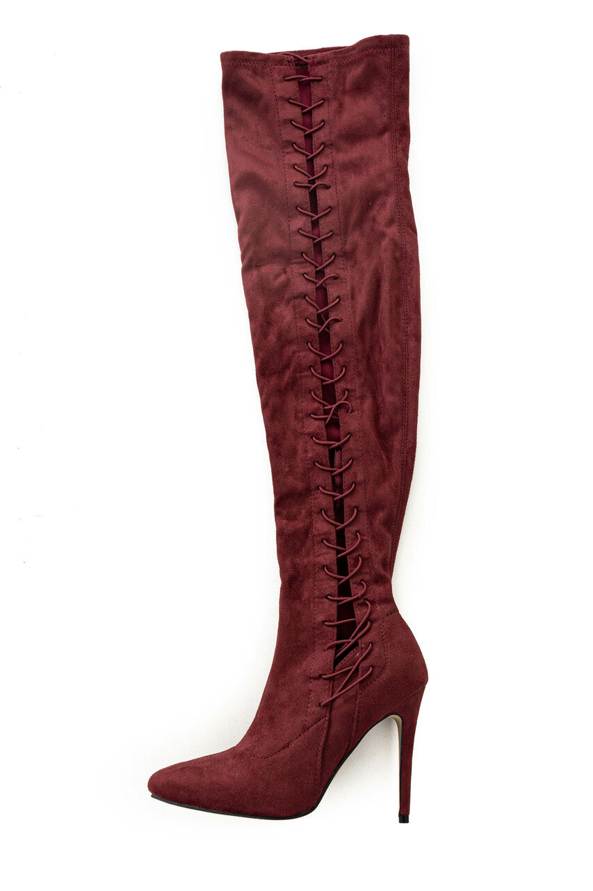Wine Lace Up Thigh High Stiletto Suede Boots