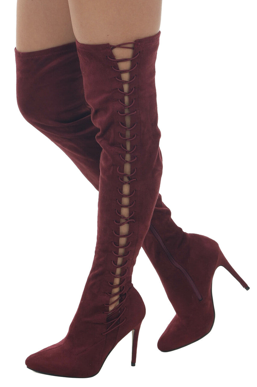 Wine Lace Up Thigh High Stiletto Suede Boots