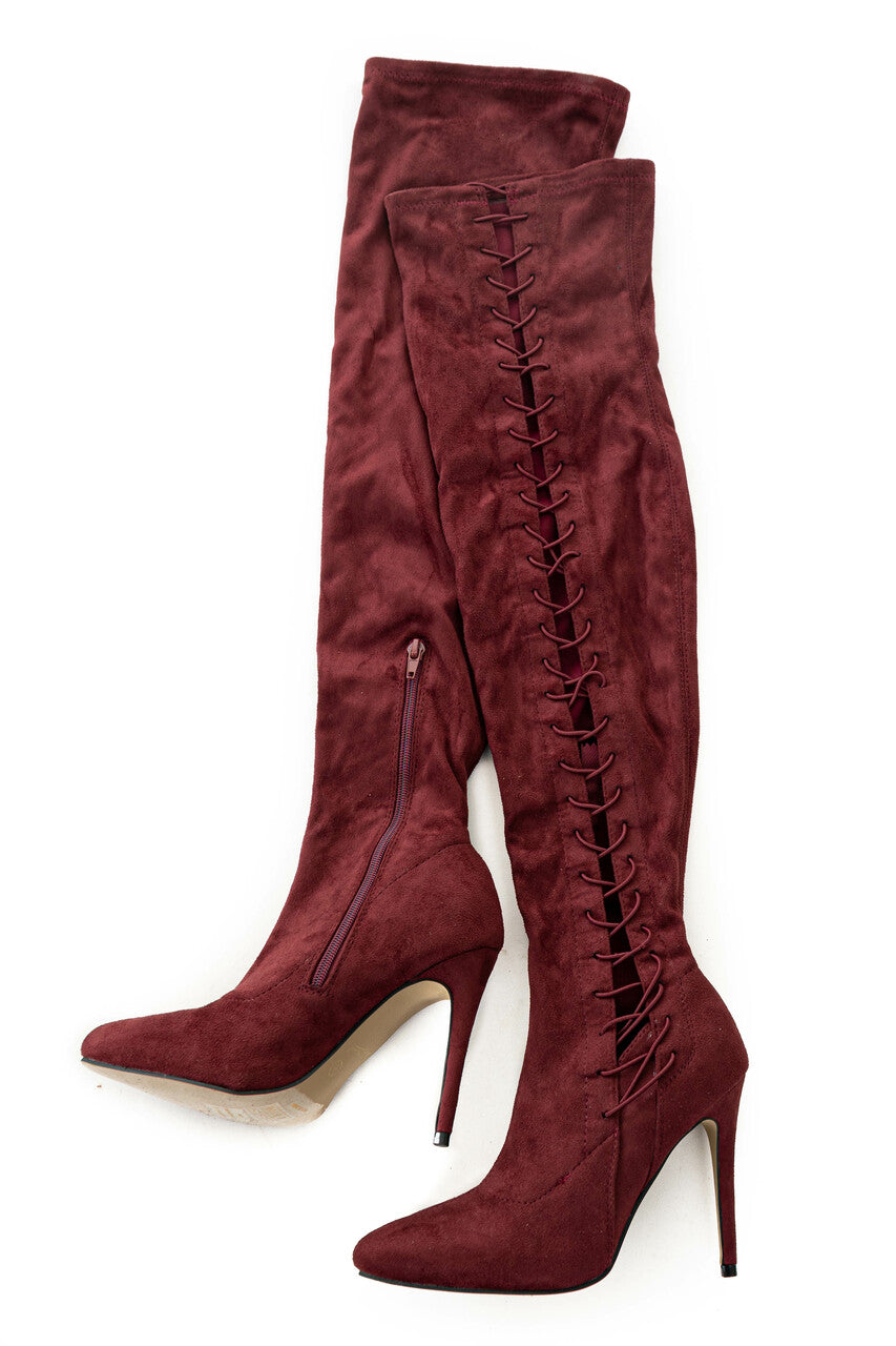 Wine Lace Up Thigh High Stiletto Suede Boots