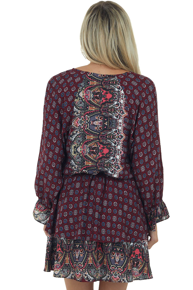 Wine Multiprint Surplice Long Sleeve Tiered Short Dress