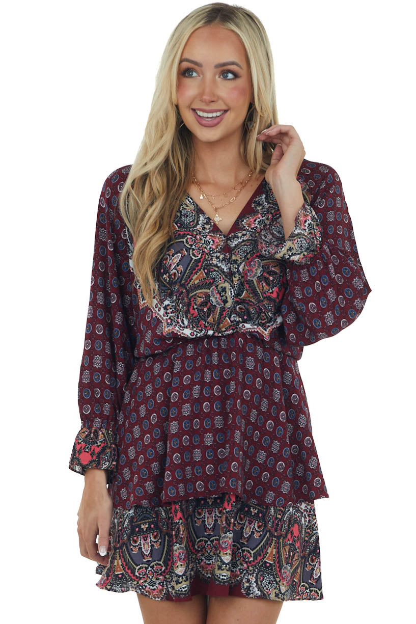 Wine Multiprint Surplice Long Sleeve Tiered Short Dress
