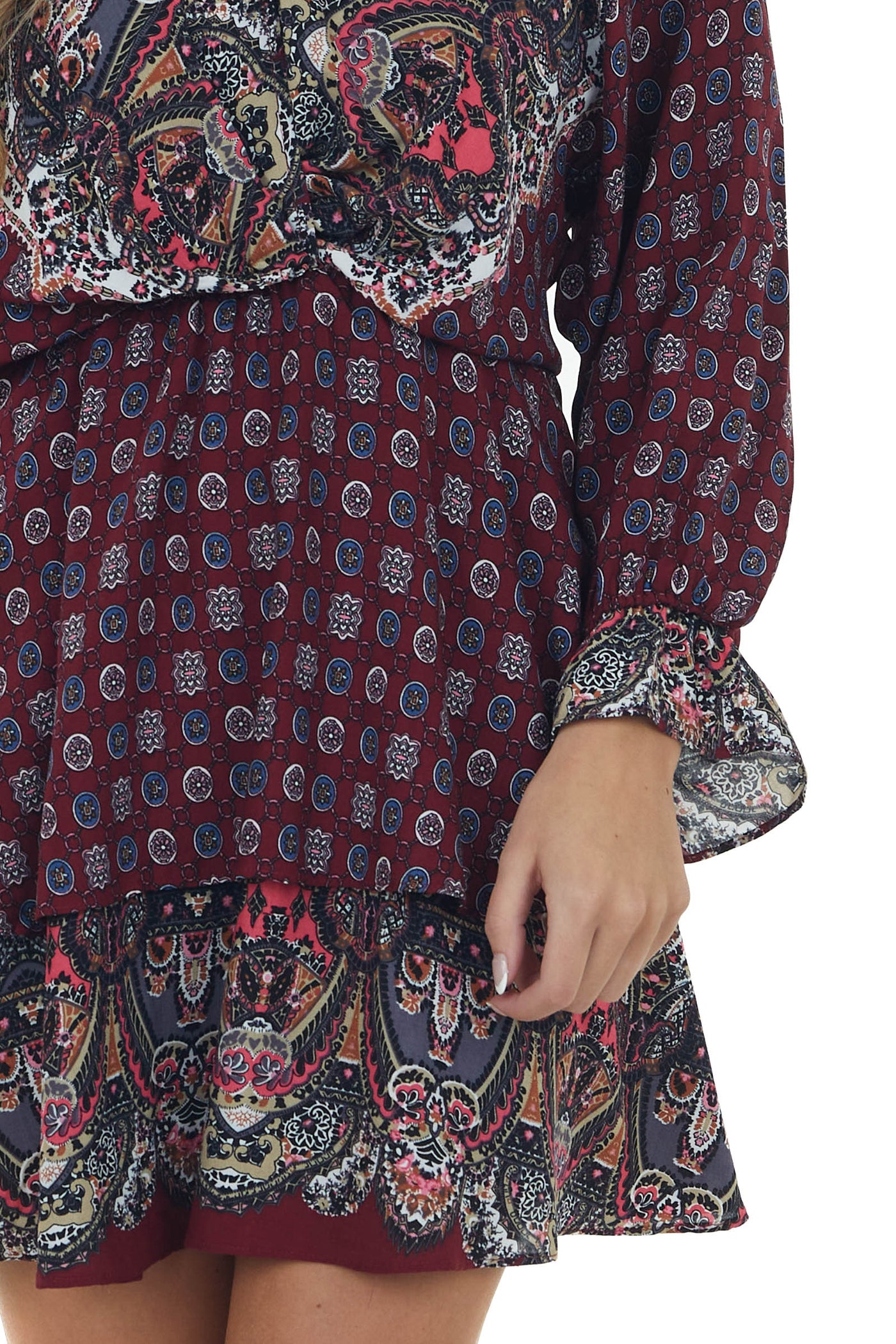 Wine Multiprint Surplice Long Sleeve Tiered Short Dress