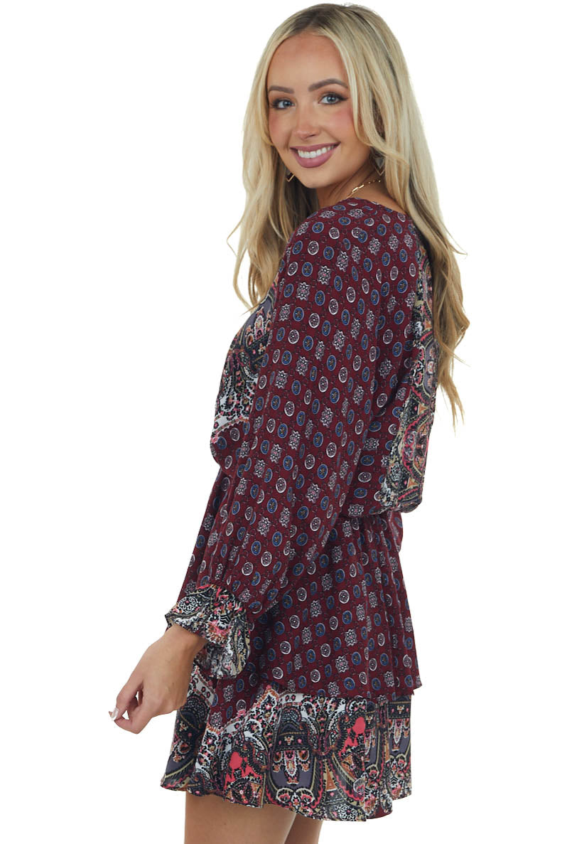 Wine Multiprint Surplice Long Sleeve Tiered Short Dress