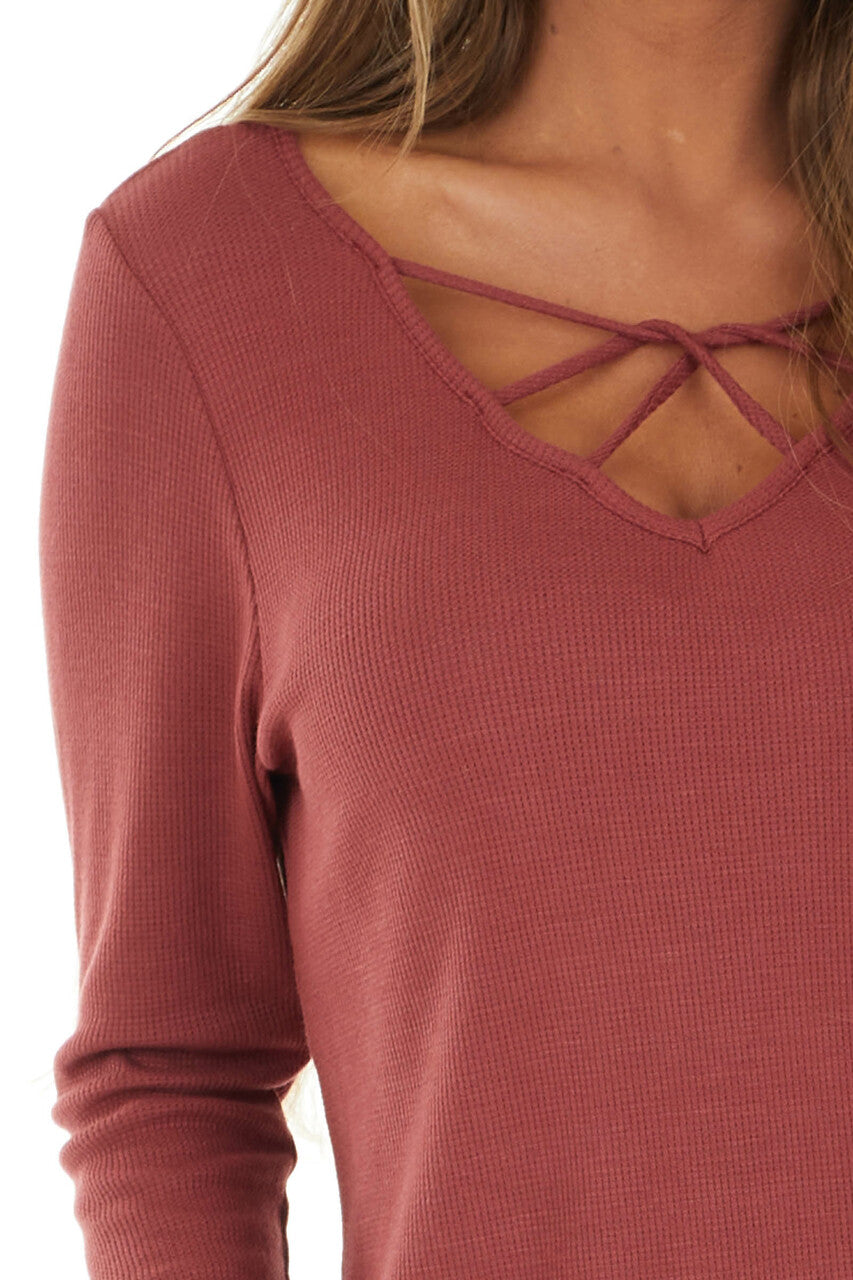Rust Ribbed Long Sleeve Knit Top with Caged Neckline