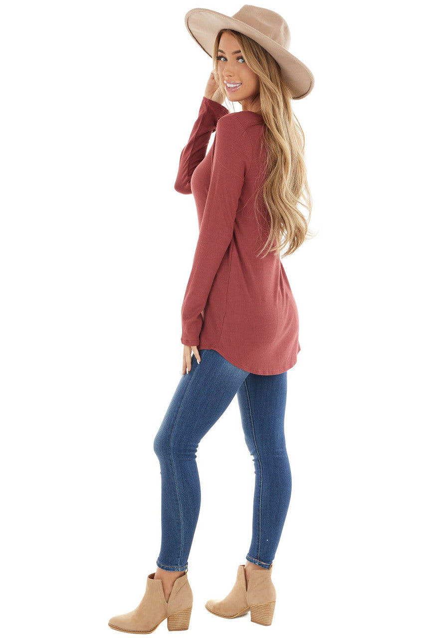Rust Ribbed Long Sleeve Knit Top with Caged Neckline