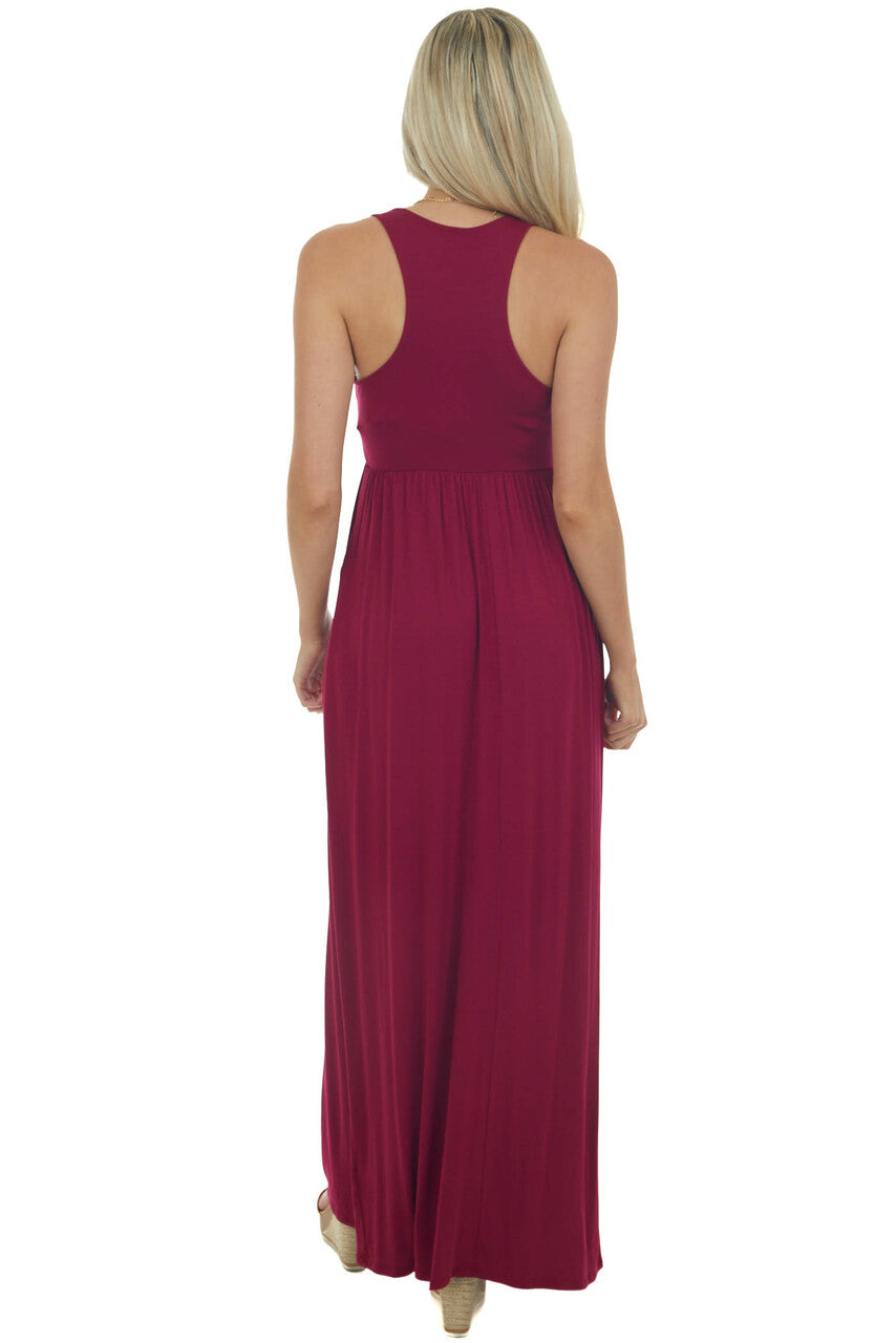Wine Sleeveless Babydoll Knit Maxi Dress
